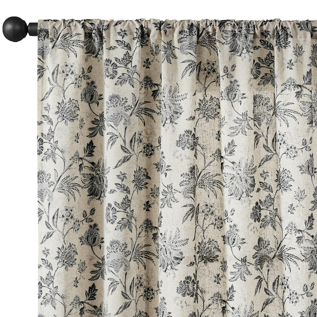 jinchan Linen Floral Curtains for Living Room with Printed Flower 84 Inches Long Light Filtering French Country Back Tab Rod Pocket Black Window Curtain Set Farmhouse Drapes 2 Panels Black