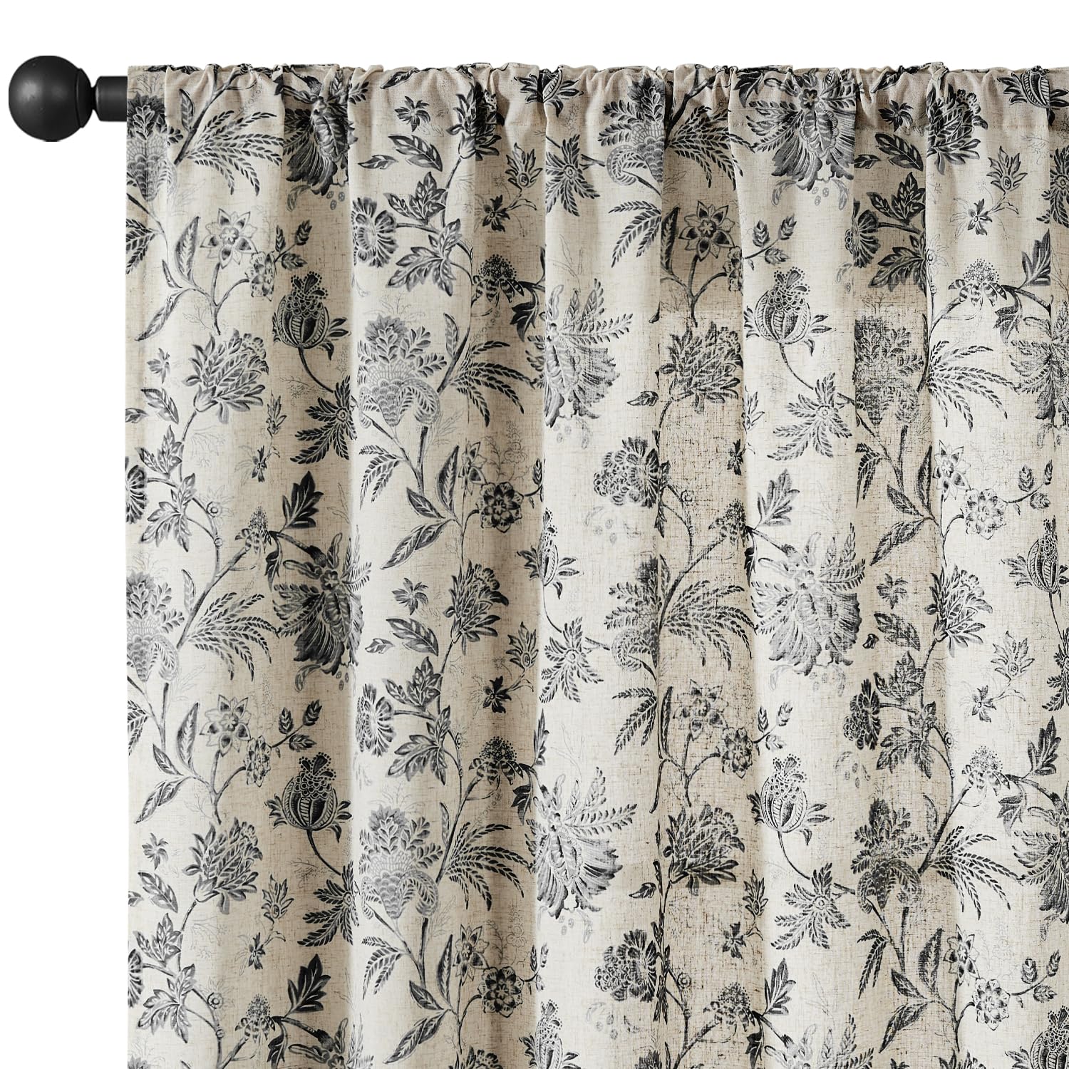 jinchan Linen Floral Curtains for Living Room with Printed Flower 84 Inches Long Light Filtering French Country Back Tab Rod Pocket Black Window Curtain Set Farmhouse Drapes 2 Panels Black