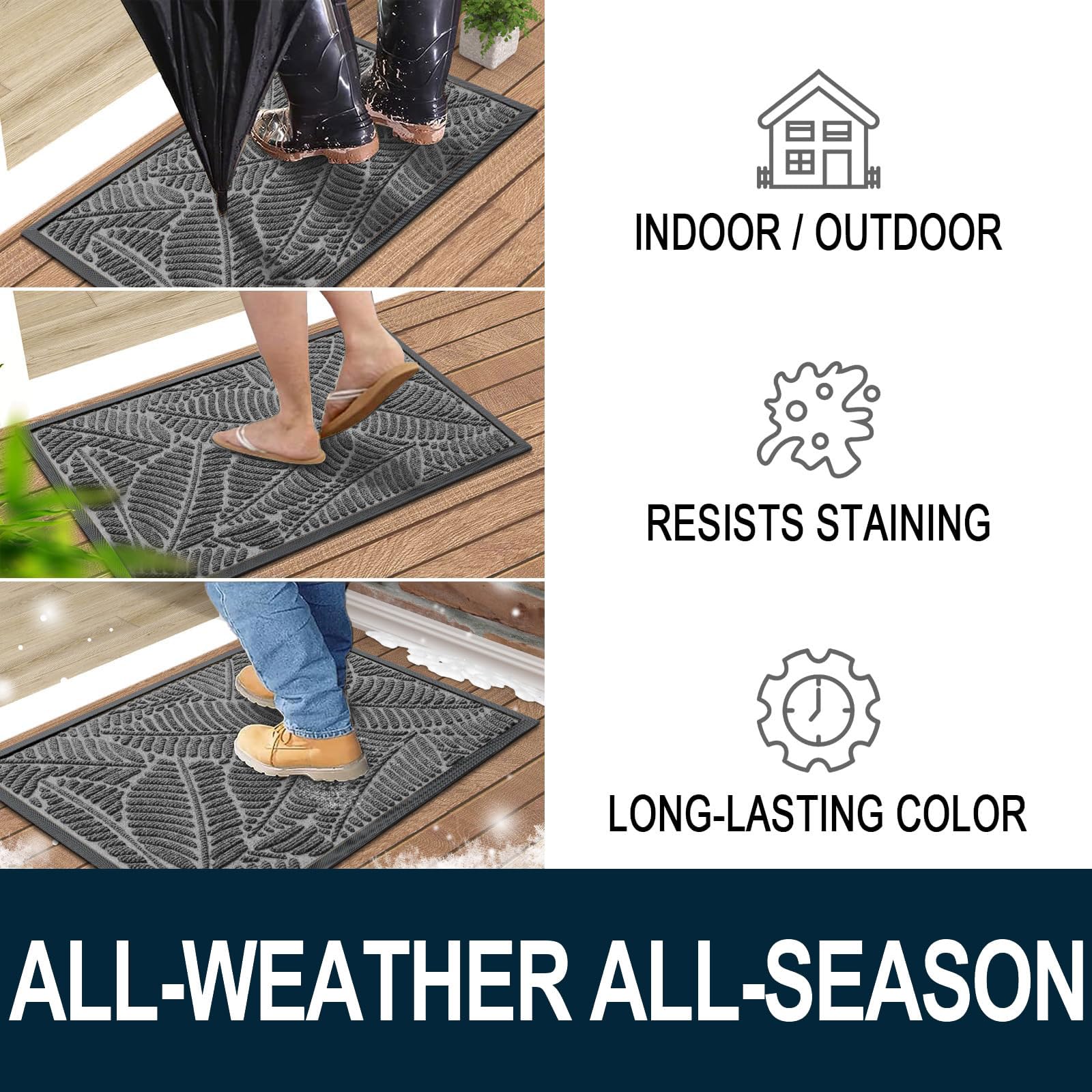 Colorxy Waterproof Front Doormat, Sturdy Natural Rubber Door Mat, 59x34