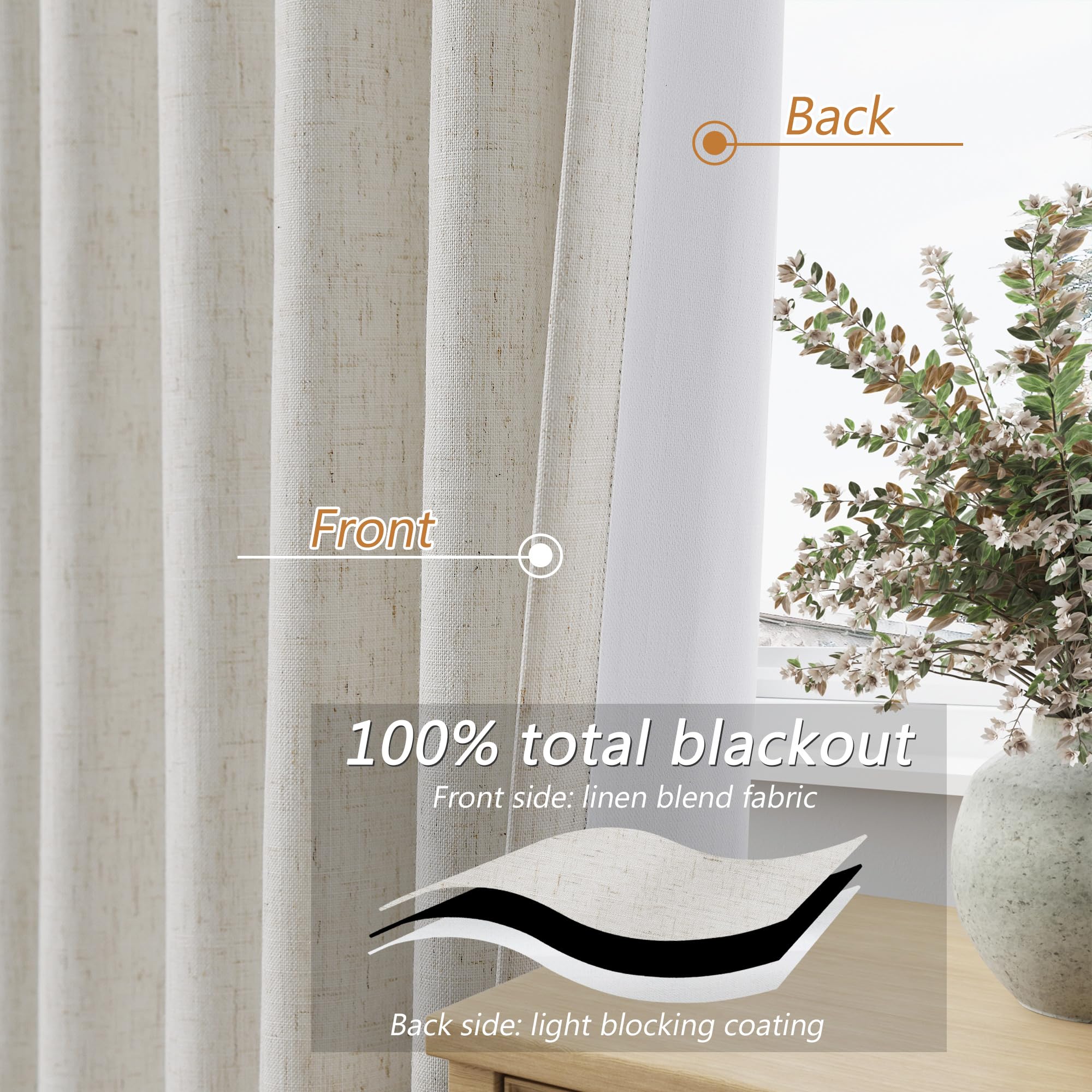 Guken 102 Inches Extra Long Boho 100% Blackout Linen Curtains 2 Panels Set for Living Room Bedroom Back Tab Thermal Insulated Black Out High End Drapes Room Darkening Window Curtain