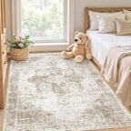 VECARF Area Rug 3x5 Washable Rug, Vintage Boho Medallion Entryway Rug Non-Slip Soft Low Pile Small Distressed Floor Carpet Retro Doormat for Kitchen Bedroom Laundry Bathroom Hallway (Taupe, 3'x5')