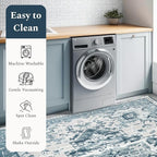 Rugflix 6x9 Area Rug for Living Room, Machine Washable Area Rugs with Non-Slip Backing, Large Soft Boho Vintage Rug for Bedroom, Dining Room, Low Pile Carpet, Kids Pet Friendly, Blue