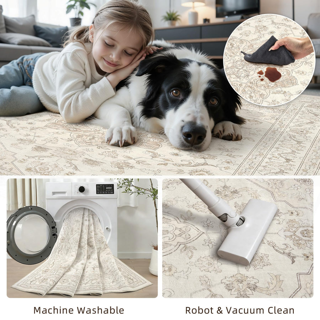 Luxturiy 8x10 Area Rugs Living Room: Bedroom Washable Carpet Beige White