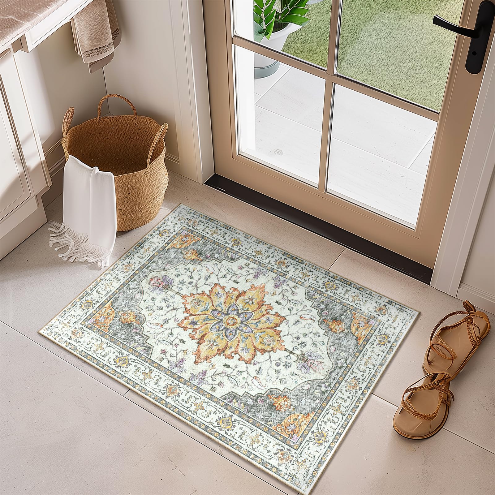 RELEANY Washable Area Rug, Small 2'x3', Beige/Carbon Grey/Orange