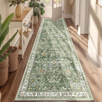 Yamaziot Washable Runner Rug 3x6 – Floral Non Slip Boho Hallway Runner Rug with Rubber Backing, Low Pile Faux Wool Distressed Carpet for Kitchen, Laundry, Bedroom, Entrance, Green