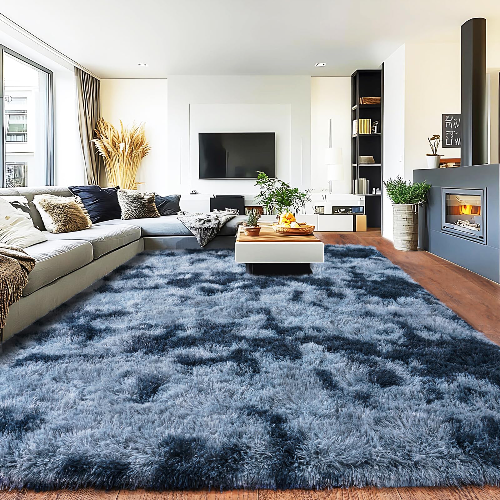 Pionblank Large Area Rug for Living Room 10x14, Fluffy Shag Rug, Blue Grey
