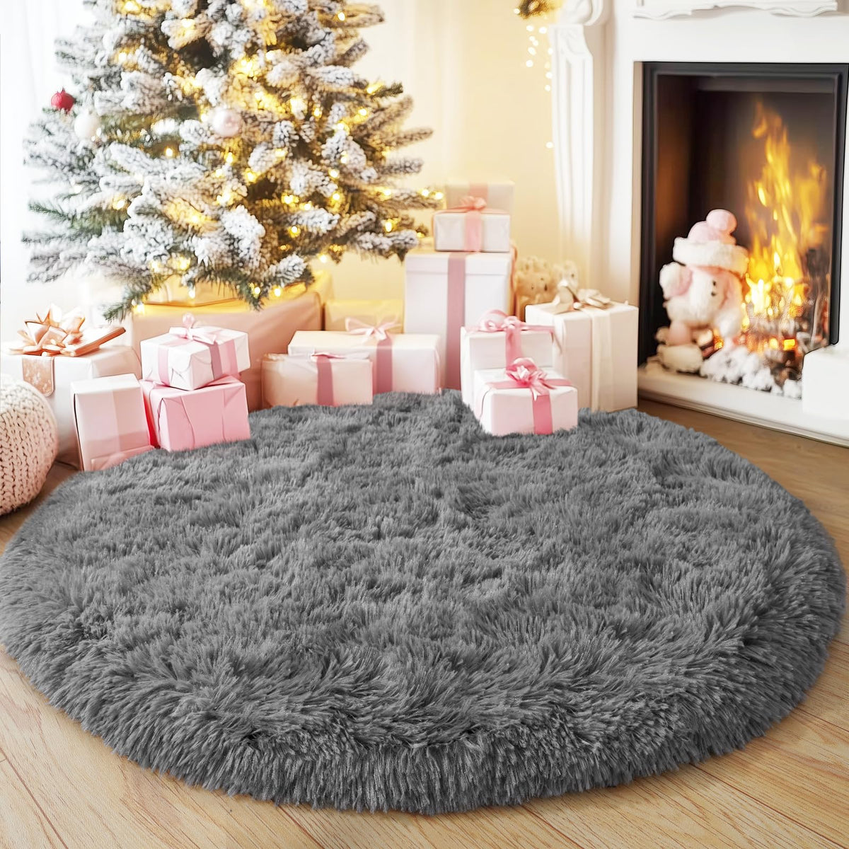 Quntue 4'x4' Grey Round Rug for Bedroom, Ultra Soft Fluffy Circle Rug for Kids Girls Boys Room, Cute Shag Rugs for Living Room Playroom Teen Room Home Decor Rug