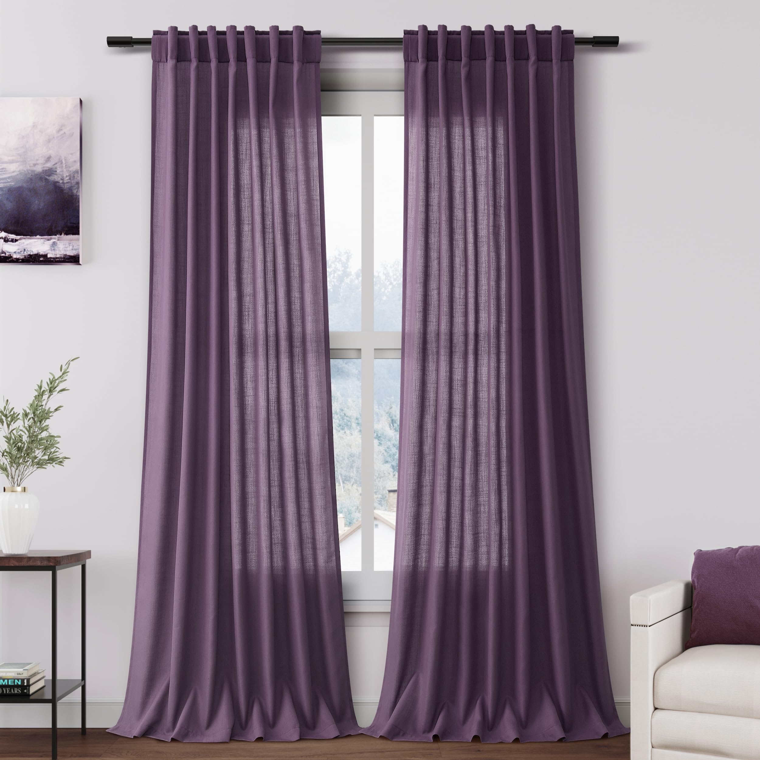 Plum Linen Curtains 102 Inches Long Rod Pocket Back Tab Drapes 2 Panels Set for Living Room Sheer Light Filtering Semi Sheer Plum Curtain 102 Length for Patio Sliding Glass Door 52x102