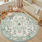 PLHXFR Round Area Rug Living Room: 6 ft Floral Washable Carpet Green Beige