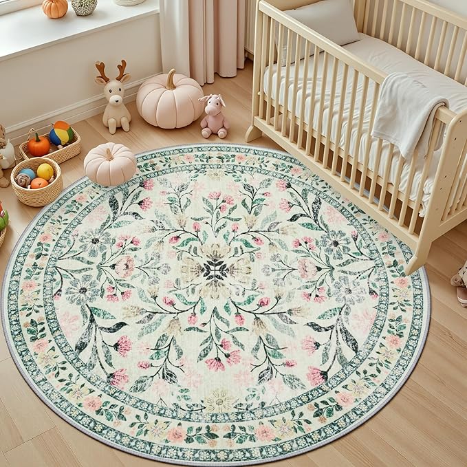 PLHXFR Round Area Rug Living Room: 6 ft Floral Washable Carpet Green Beige