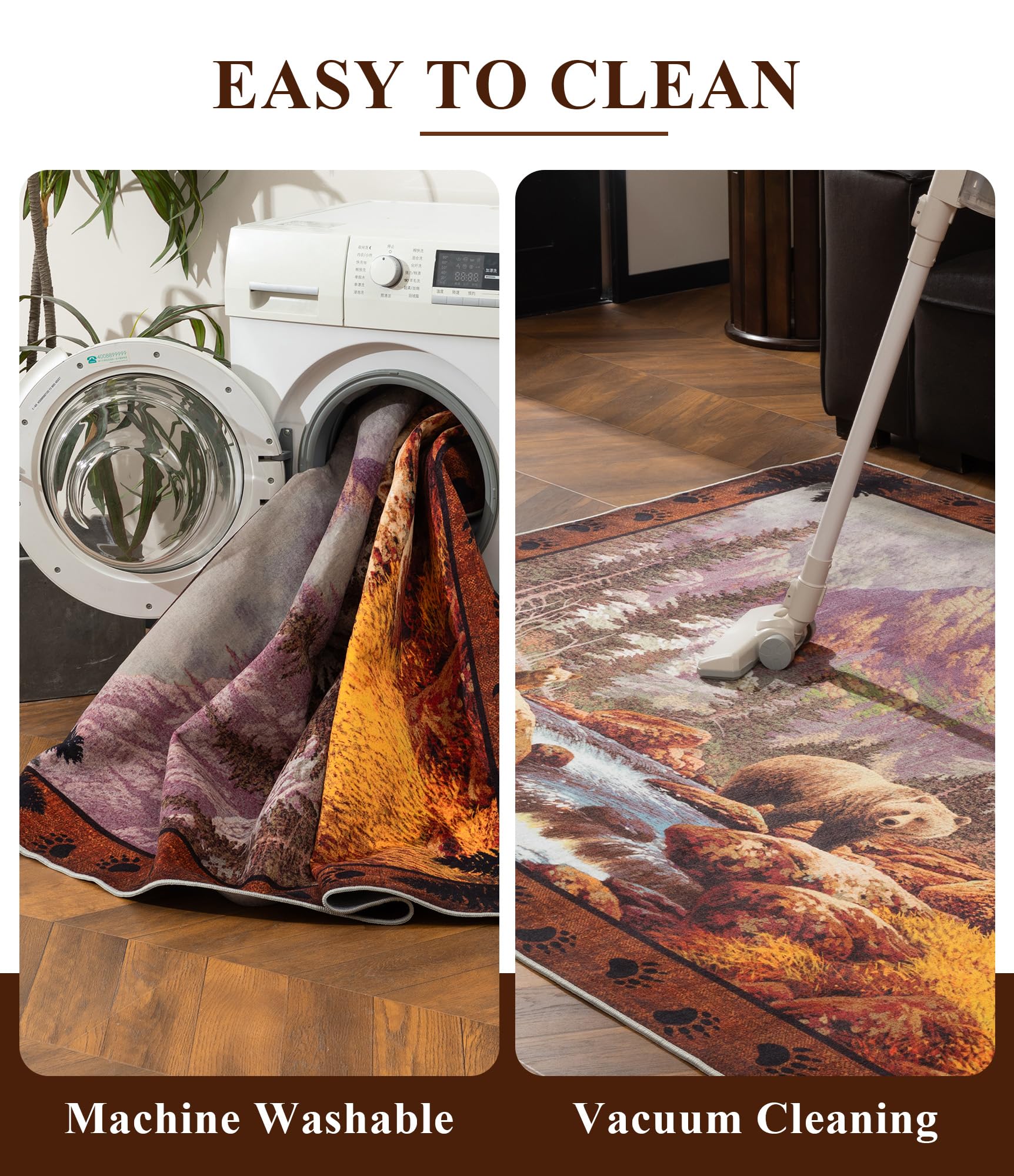 YIHOUSE Rustic Cabin Area Rug for Bedroom 4x6,Machine Washable Forest Bear Rug,Non-Slip Low Pile Print Pattern Mountain Rug for Living Room