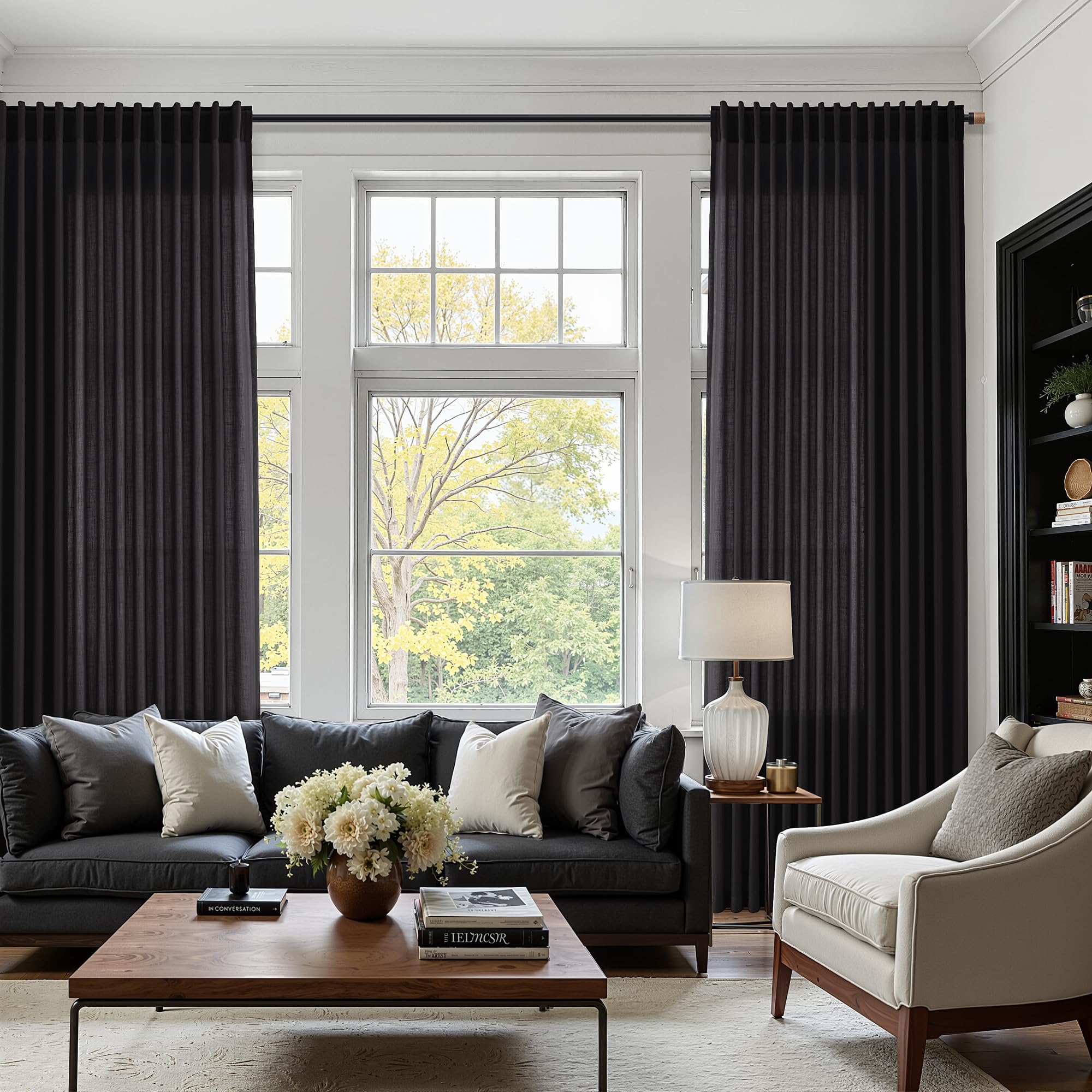 Vintage Black Linen Curtains for Living Room 72 Inches Long Light Filtering Semi Sheer Curtain Back Tab and Rod Pocket Privacy Luxury Gothic Vintage Decor Drapes for Bedroom Office 52x72, 2 Panels