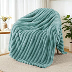 Exclusivo Mezcla Fleece Throw Blanket for Couch, Super Soft Striped Jacquard Bed Blanket, Lightweight Fuzzy Cozy for All Seasons, 50x60 Inches, Celadon