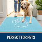 OLANLY Dog Door Mat for Muddy Paws 30x20, Paw Print Design, Absorbs Moisture and Dirt, Absorbent Non-Slip Washable Doormat, Quick Dry Chenille Mud Mat for Dogs, Entry Indoor Entryway Carpet, Blue