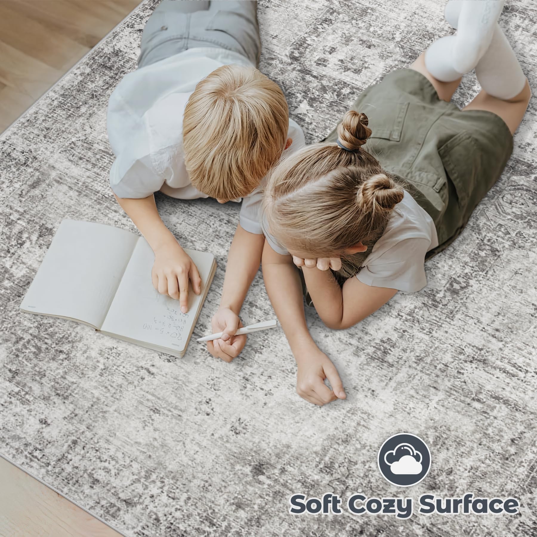 VECARF Area Rug 6x9 Washable Rug, Vintage Boho Medallion Rugs Non-Slip Soft Low Pile Large Distressed Rug Indoor Retro Carpet for Living Room Bedroom Dining Room Home Office (Grey, 6'x9')