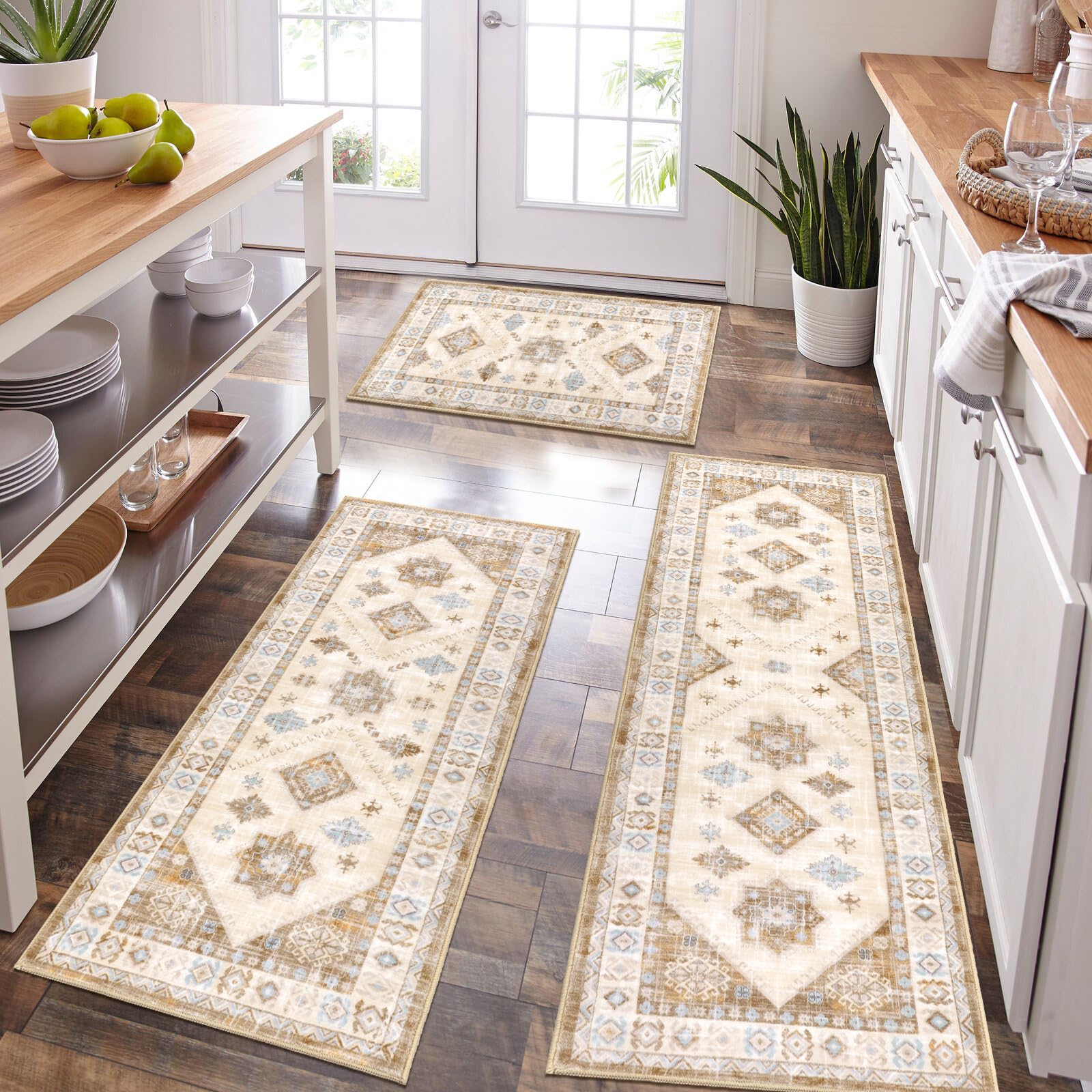 HEBE Boho Kitchen Rugs Set of 3, Non Slip Washable Kitchen Mats for Floor