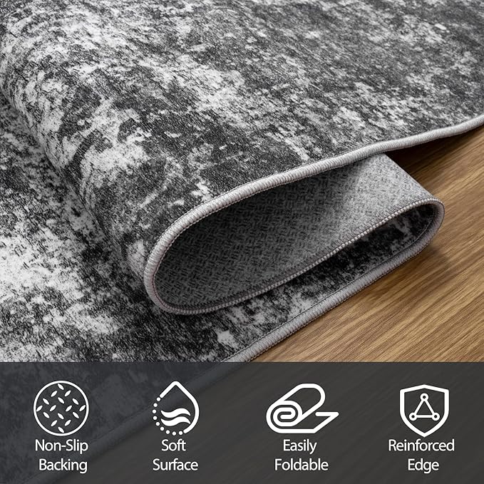 9x12 Area Rugs for Living Room Rug Washable: Abstract Large Rug for Dining Room Bedroom Carpet Non Slip 9 by 12 Indoor Modern Nursery Home Office Black Grey