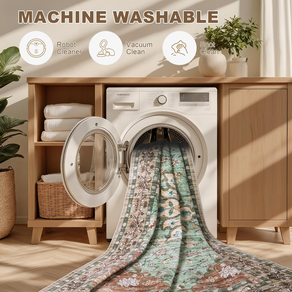 ExpediX 10x14 Area Rugs Living Room: Washable Rug for Bedroom Brown Green