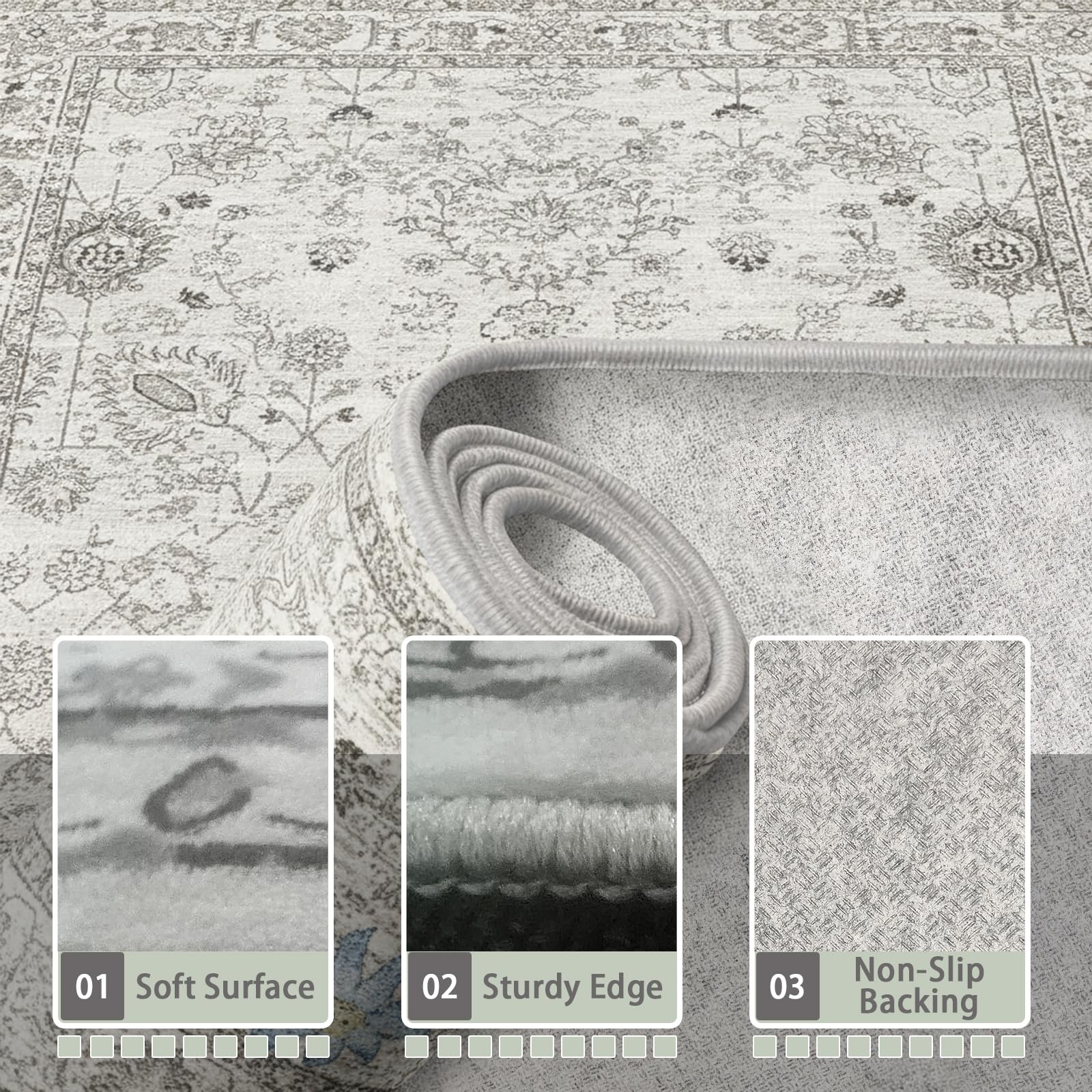 Babovid Grey Floral Area Rug 4x6 for Bedroom Dining Room