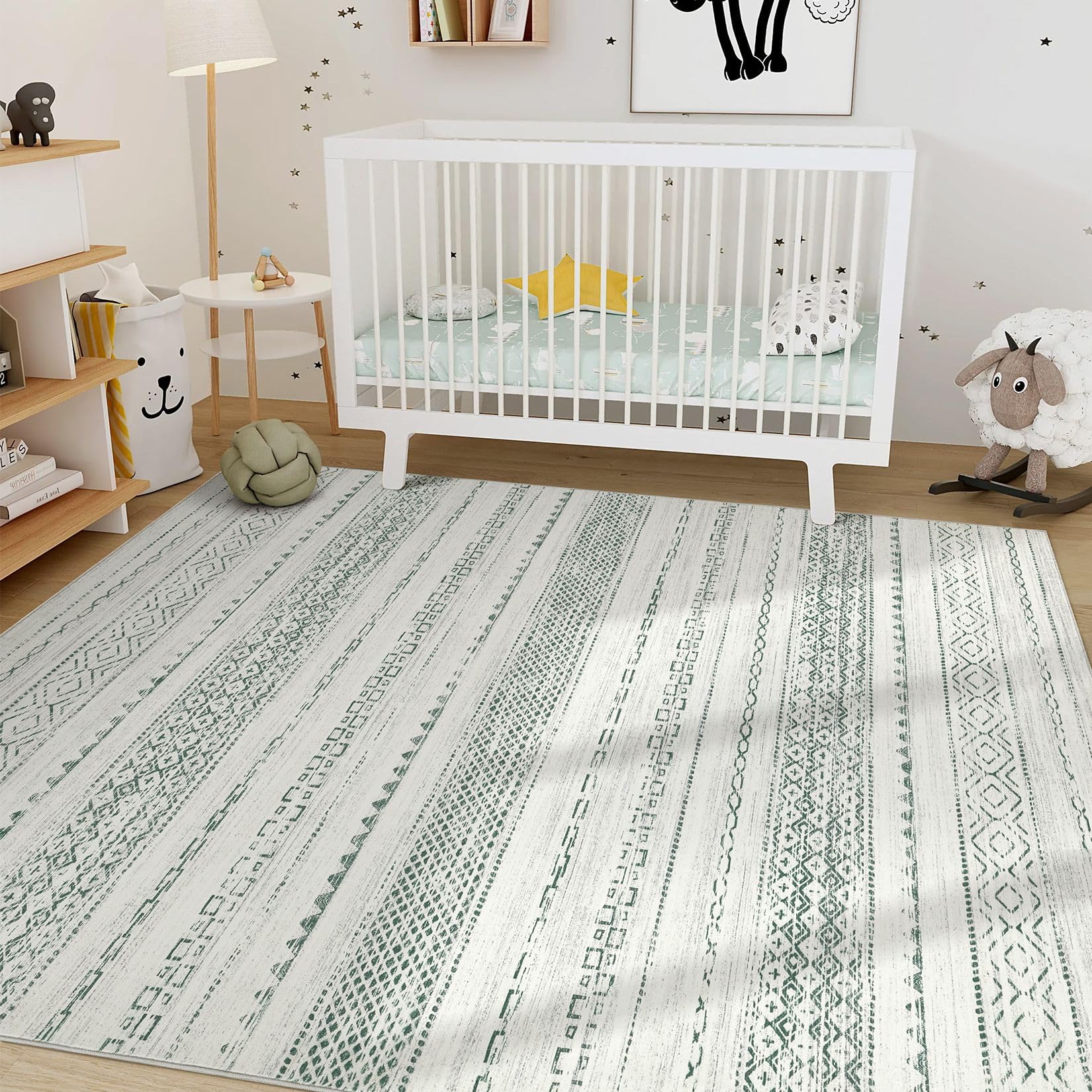 Nakagishi Green Rug Living Room 6x9: Washable Boho Large Neutral Farmhouse Soft Area Rugs Modern Stain Resistant Moroccan Indoor Non-Slip Floor Carpet for Bedroom Nursery Playroom Office Dining Room