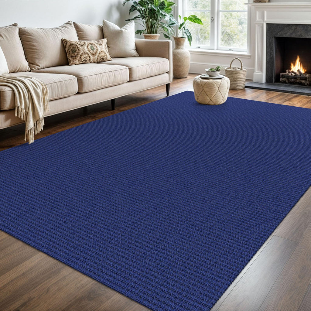 KOZYFLY Washable Area Rug 6x9 ft Rubber Backed Non Slip Rugs for Living Room Braided Cotton Bedroom Rug Woven Office Rugs Indoor Floor Carpets for Dining Bedroom Living Room, Royal Blue/Navy
