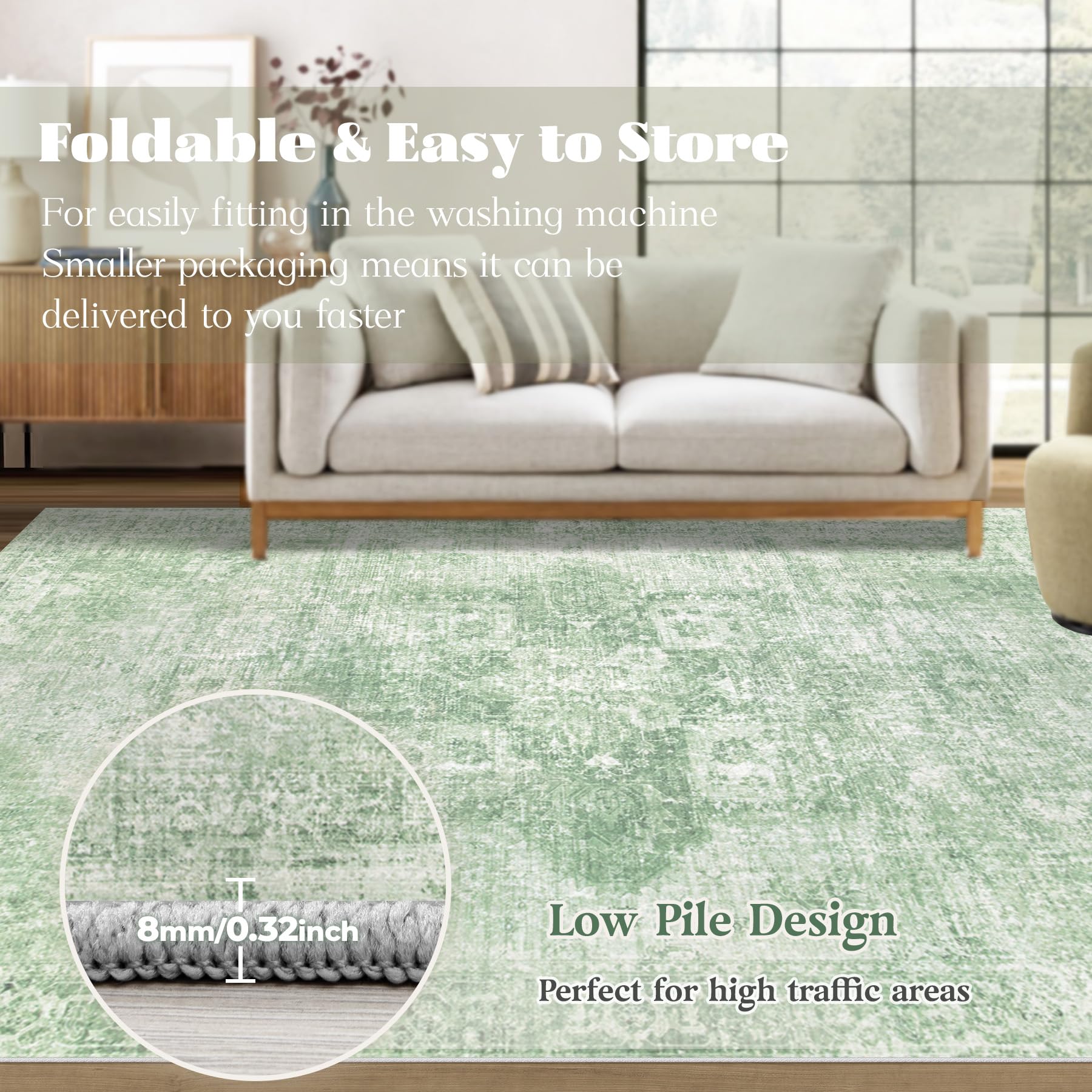 VECARF Area Rug 6x9 Washable Rug, Vintage Boho Medallion Rugs Non-Slip Soft Low Pile Large Distressed Rug Indoor Retro Carpet for Living Room Bedroom Dining Room Home Office (SageGreen, 6'x9')
