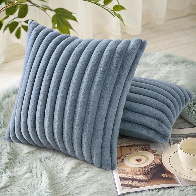decorUhome Fall Faux Fur Throw Pillow Covers 22x22 Set of 2 Grey Blue