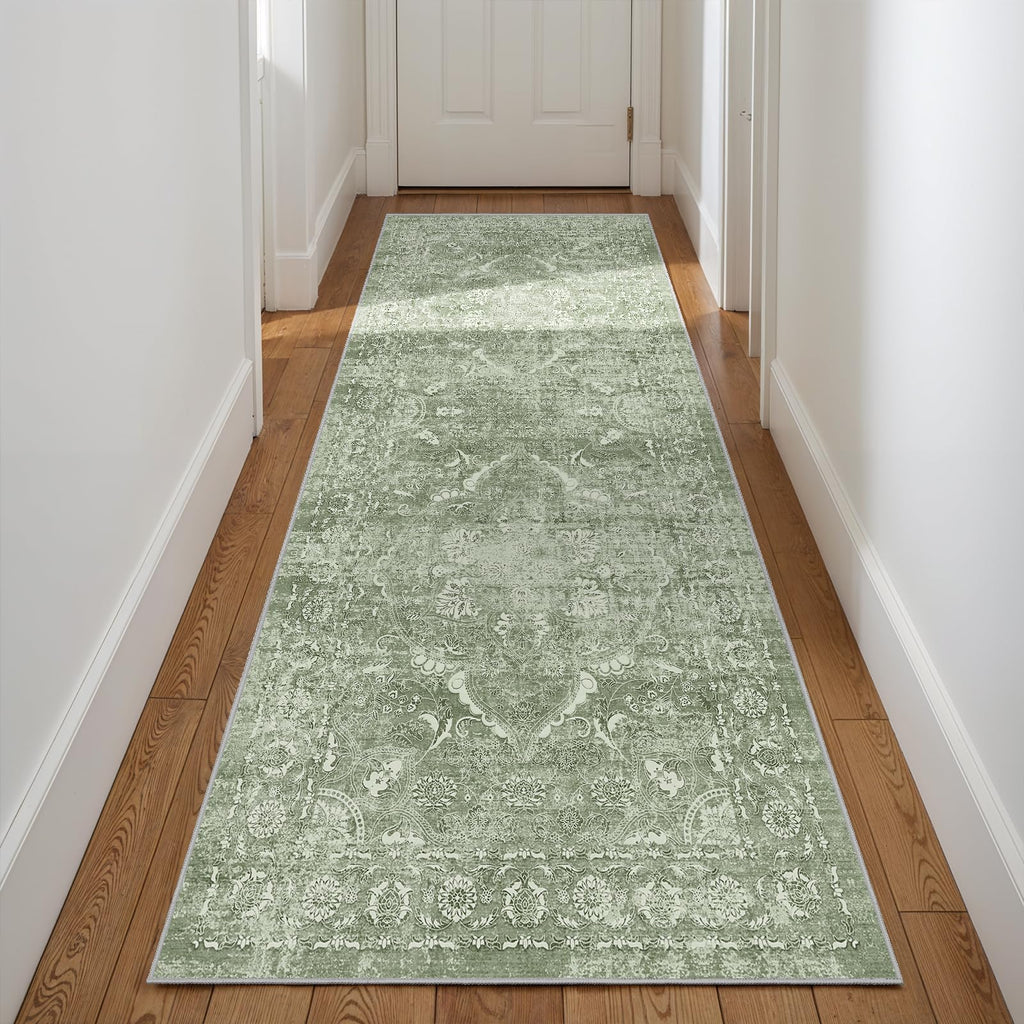 3x8 Washable Runner Rug: Vintage Medallion Kitchen Soft Rugs SageGreen