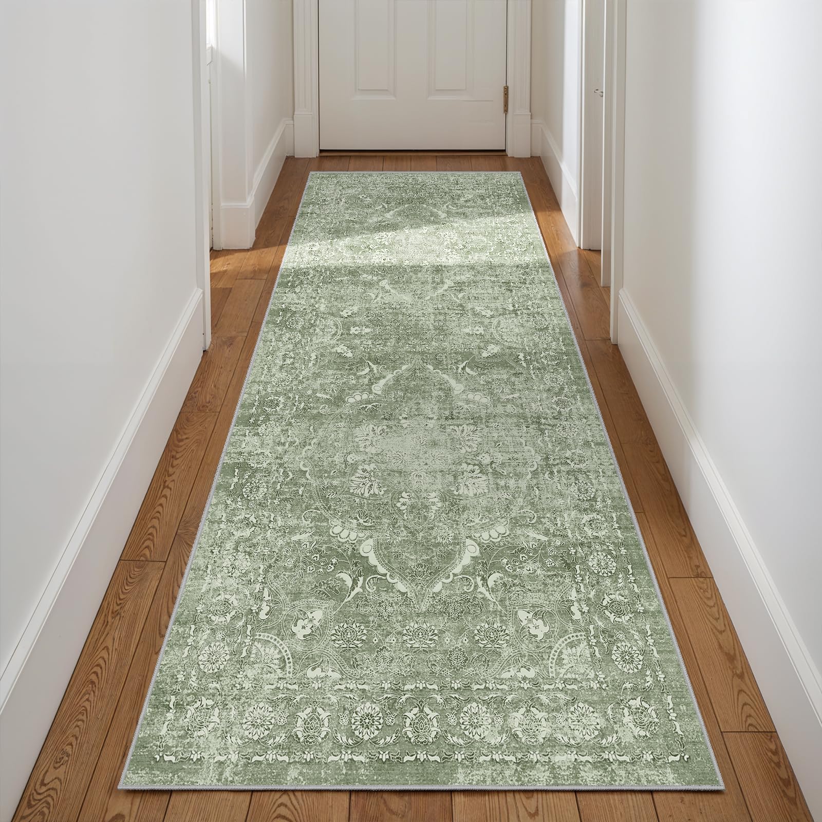 3x8 Washable Runner Rug: Vintage Medallion Kitchen Soft Rugs SageGreen
