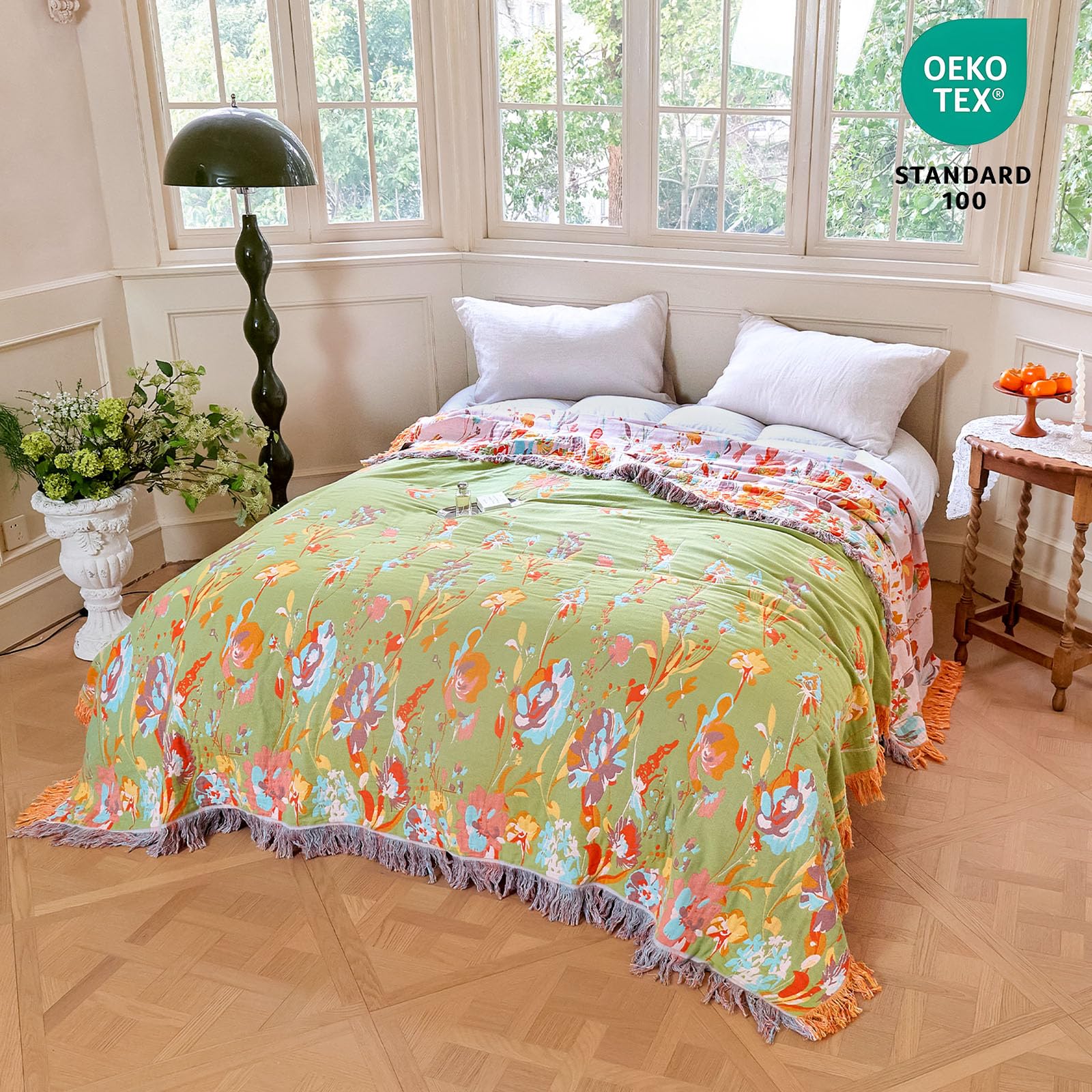 MSGKV Boho Throw Blanket 60"x80" Summer Cotton Butterfly Floral Blanket