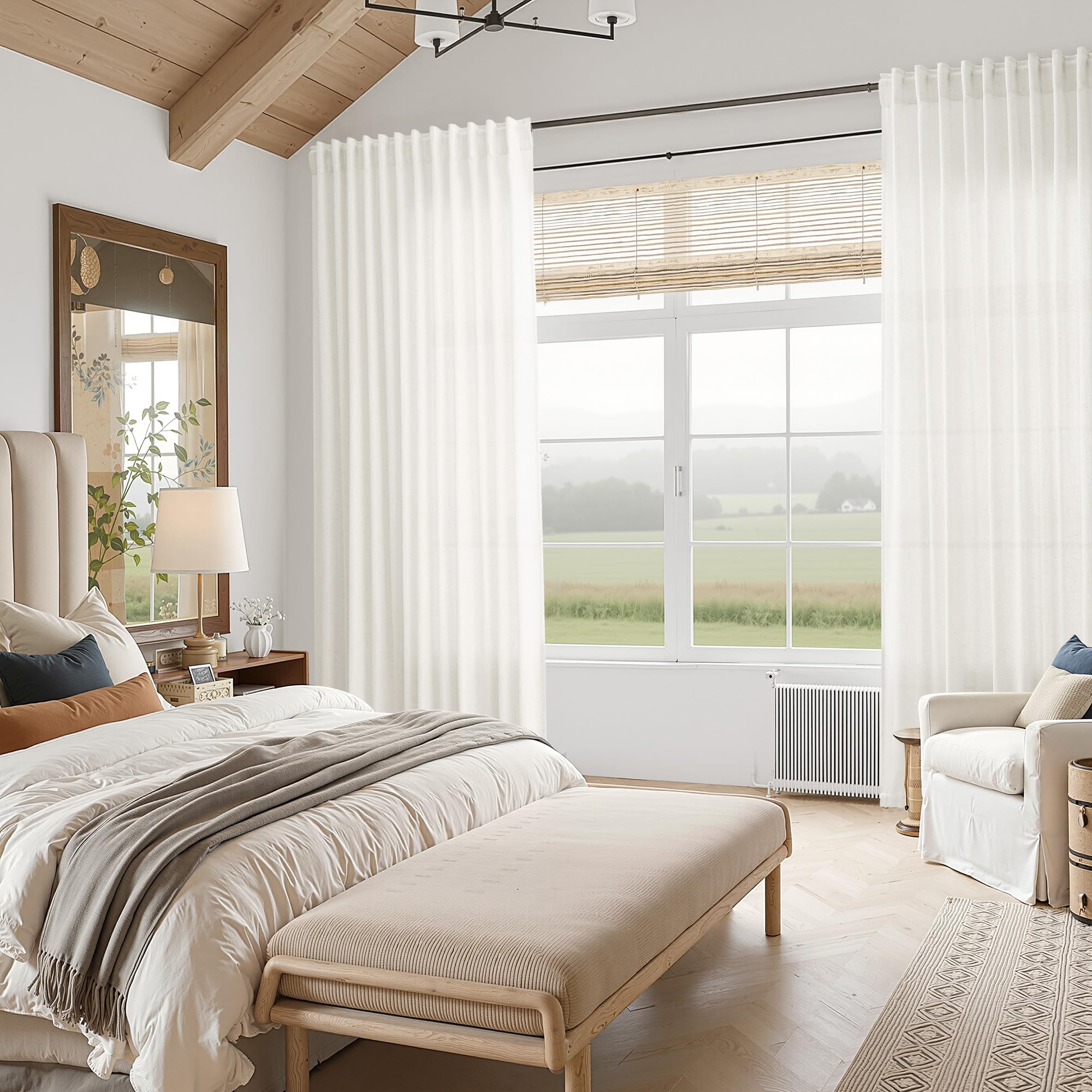 Nanspring Neutral Linen Curtains 80 Inch Length for Living Room Light Filtering Semi Sheer Curtain Coastal Modern Farmhouse Decor Drapes for Bedroom Back Tab and Rod Pocket 52x80, 2 Panels