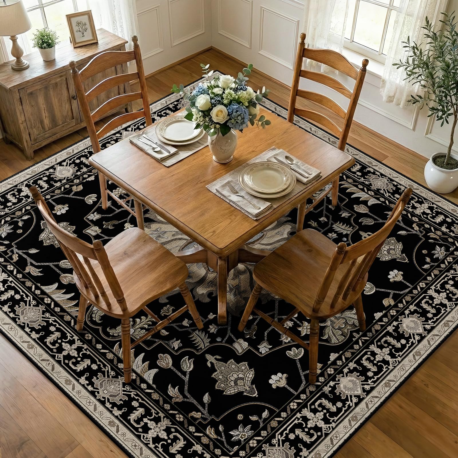 RELEANY Washable Area Rug, Square 7'x7', Black/Neutral