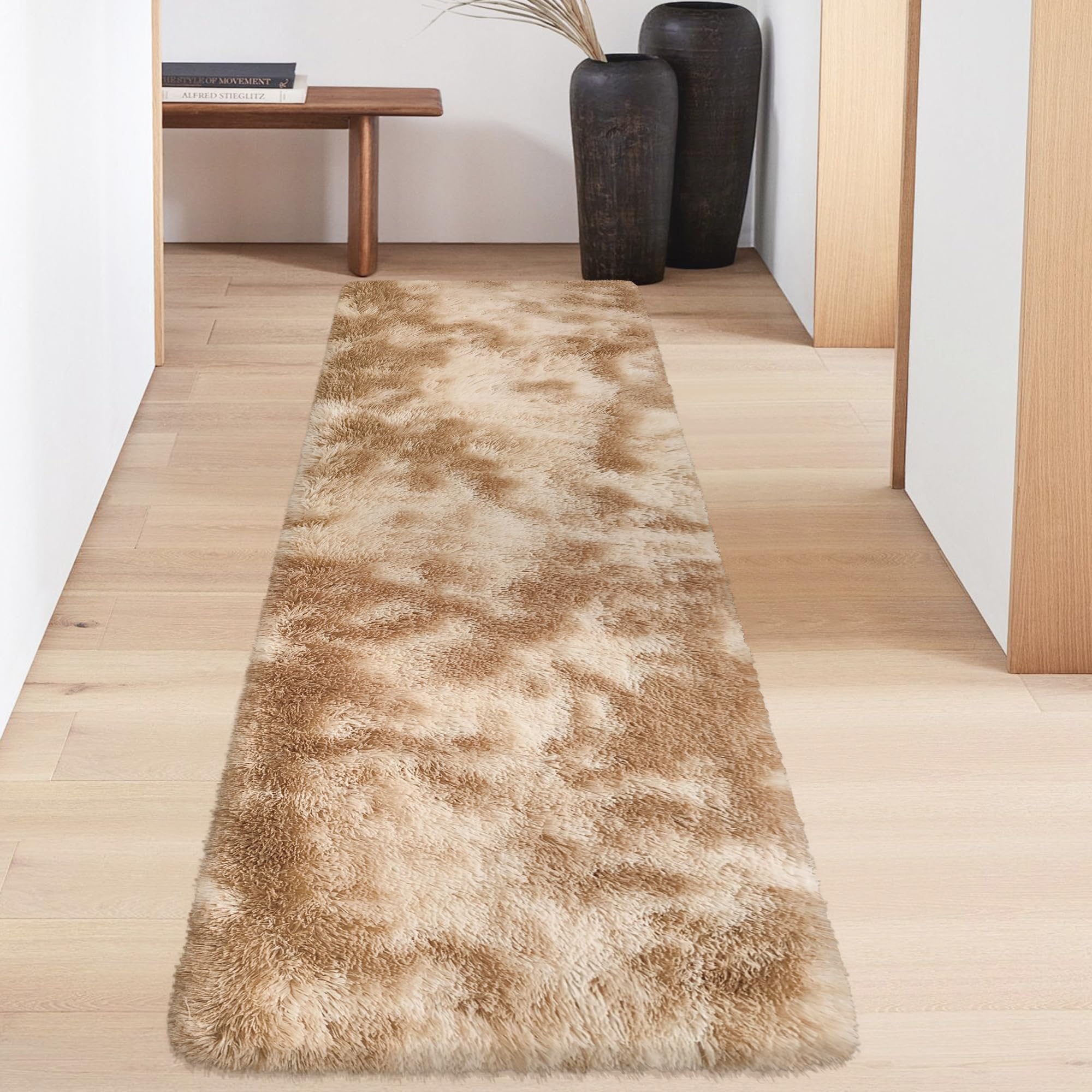 JiaoBaba Super Soft Fluffy Living Room Area Rugs 2x6 ft Tie-Dyed Beige Shaggy Furry Carpet Washable Non-Slip Floor Rug Bedroom Bedside Nursery Rug Fuzzy Girls Boy Reduce Noise Dorm Home Decor