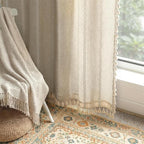 Boho Light Filtering Curtains 63 Inches Long Beige Linen Blend 2 Panels with Tassels and Cotton Embroidery, Farmhouse Vintage Rustic Rod Pocket Drapes for Living Room or Bedroom