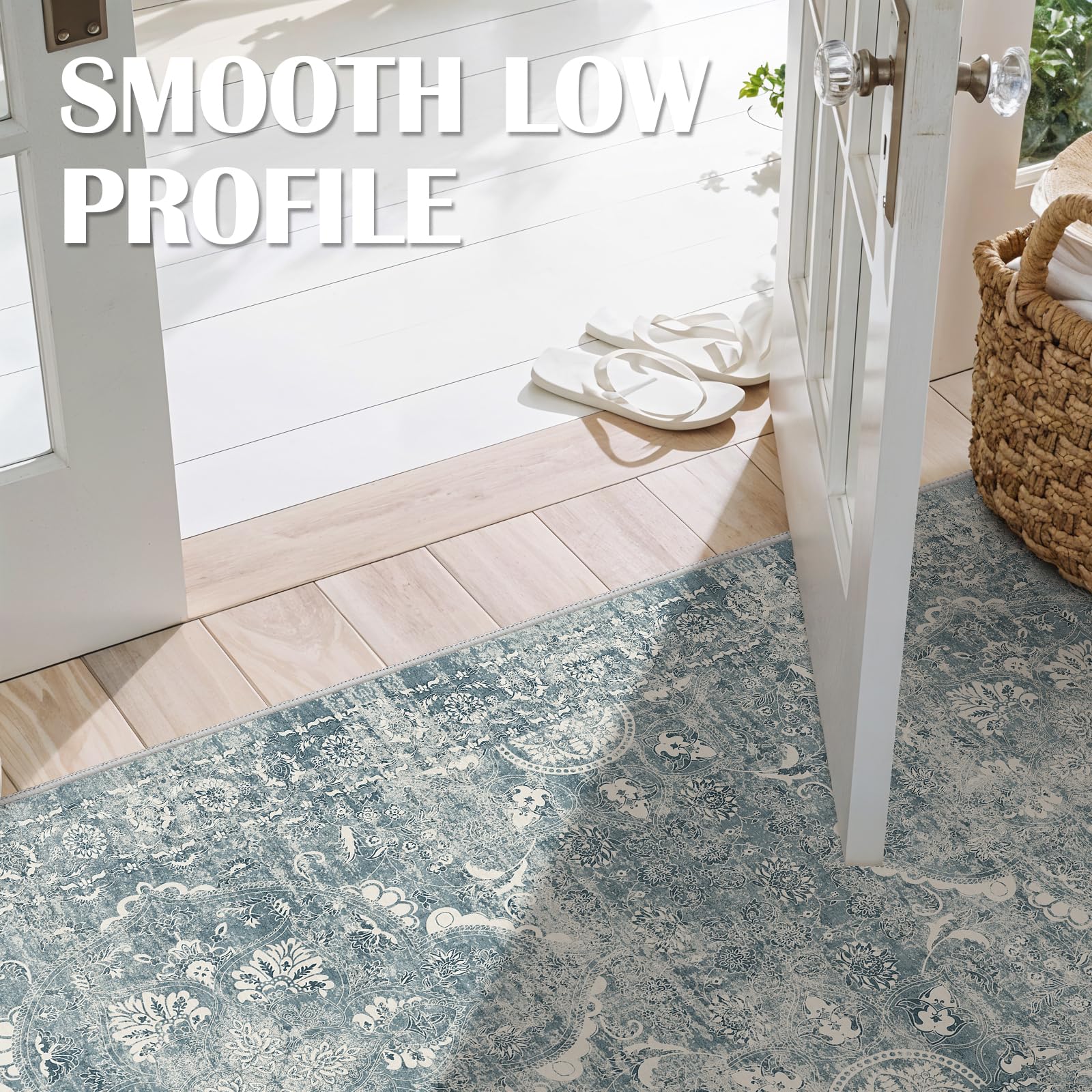 2'6"x8 Washable Runner Rug: Vintage Non-Slip Medallion Rug for Kitchen Blue