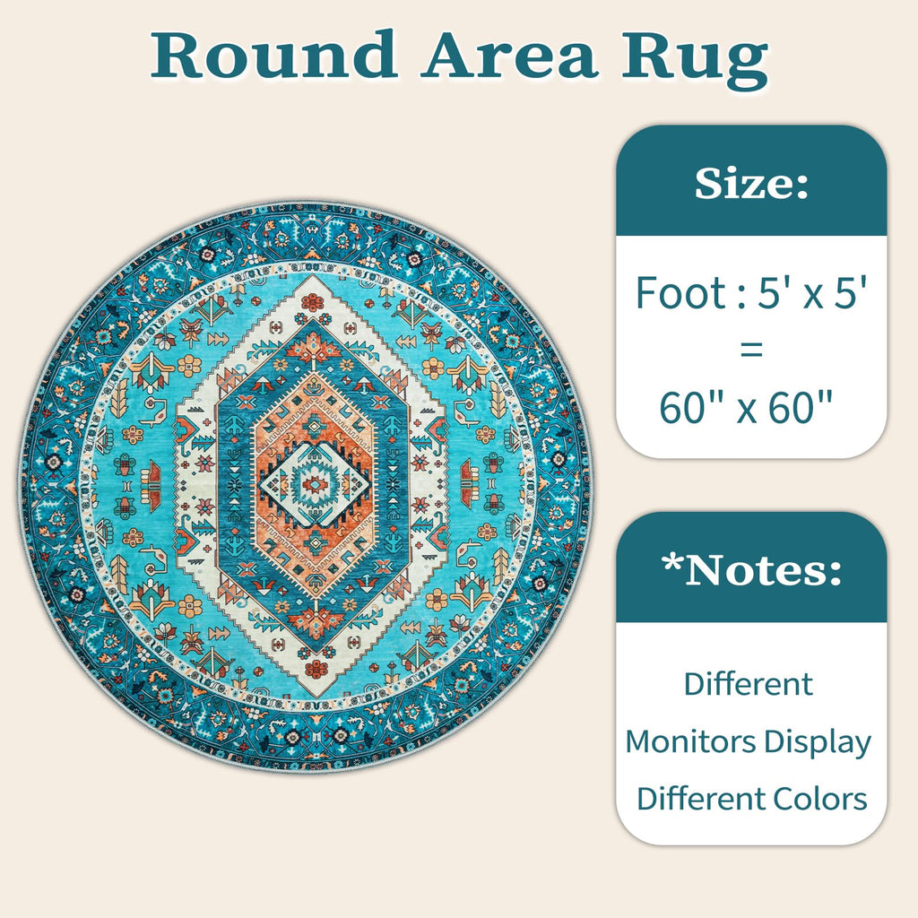 SERISSA 5ft Washable Non Slip Round Boho Area Rug for Bedroom，Blue