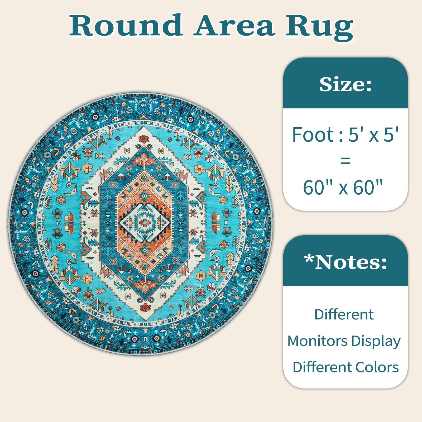 SERISSA 5ft Washable Non Slip Round Boho Area Rug for Bedroom，Blue
