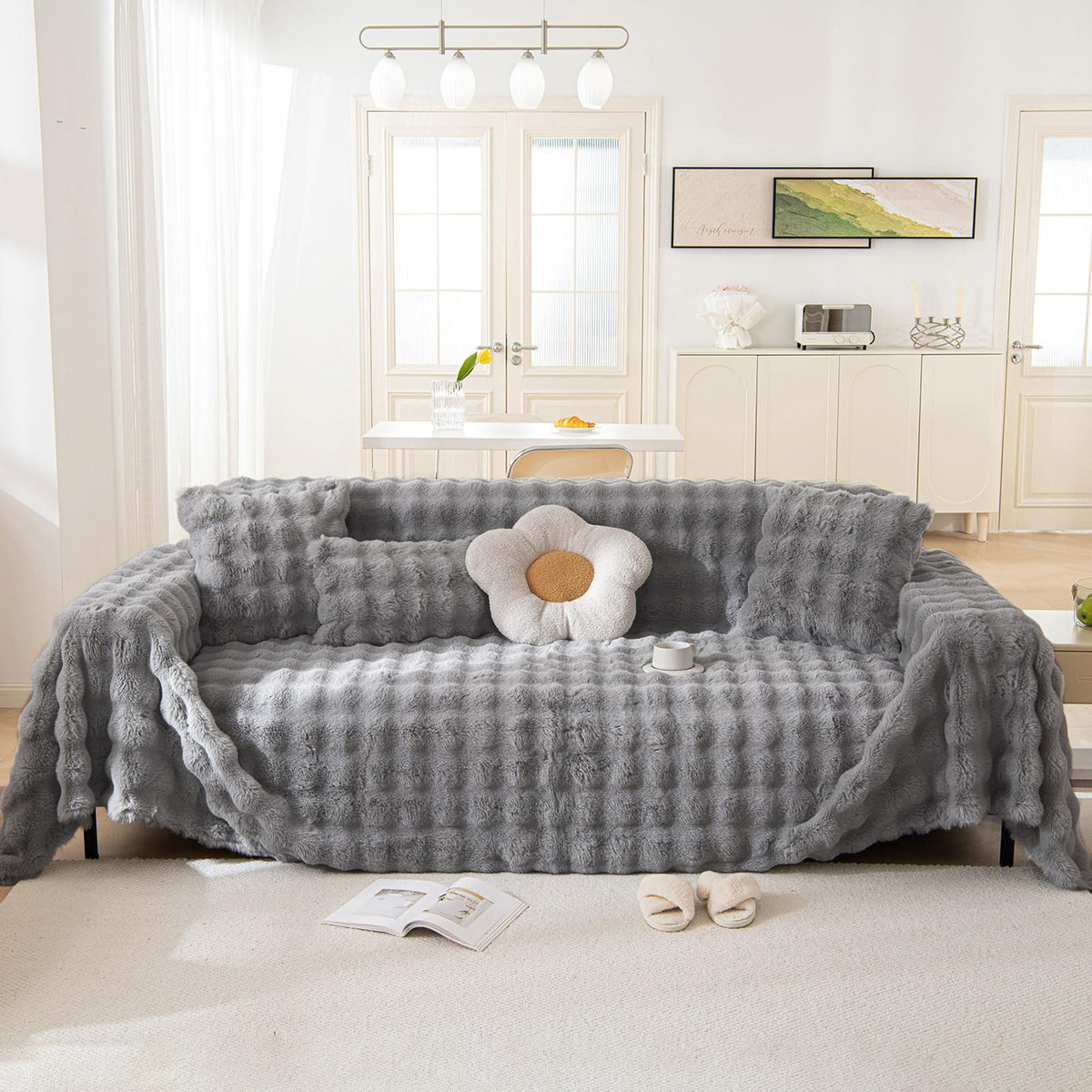 HANDONTIME Brown Sofa Covers Simple Couch Cover for Pet White Floral Couch Cushion Covers for L Shape Chocolate Sofa Throw Cover Sectional Couch Covers for Living Room Machine Washable, 71" X150"
