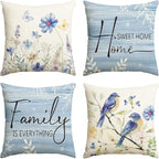 AVOIN colorlife Spring Saying Flowers Butterfly Bird Throw Pillow Covers, 20 x 20 Inch Home Sweet Home Blue Cushion Case for Sofa Couch Set of 4