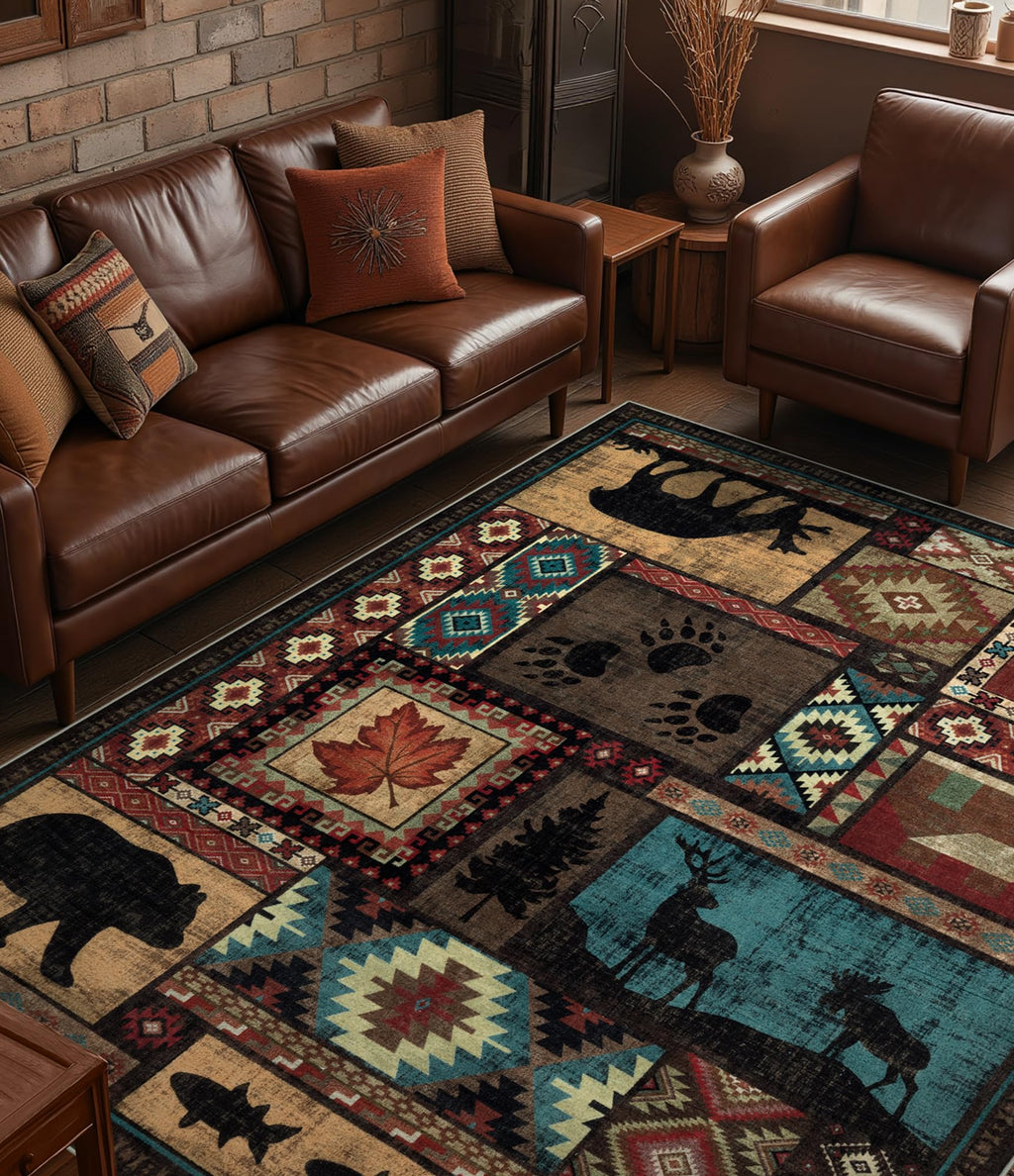YIHOUSE Rustic Cabin Area Rug 8x10,Machine Washable Lodge Bear Rug,Non-Slip Low Pile Print Pattern Southwestern Rug for Living Room Bedroom