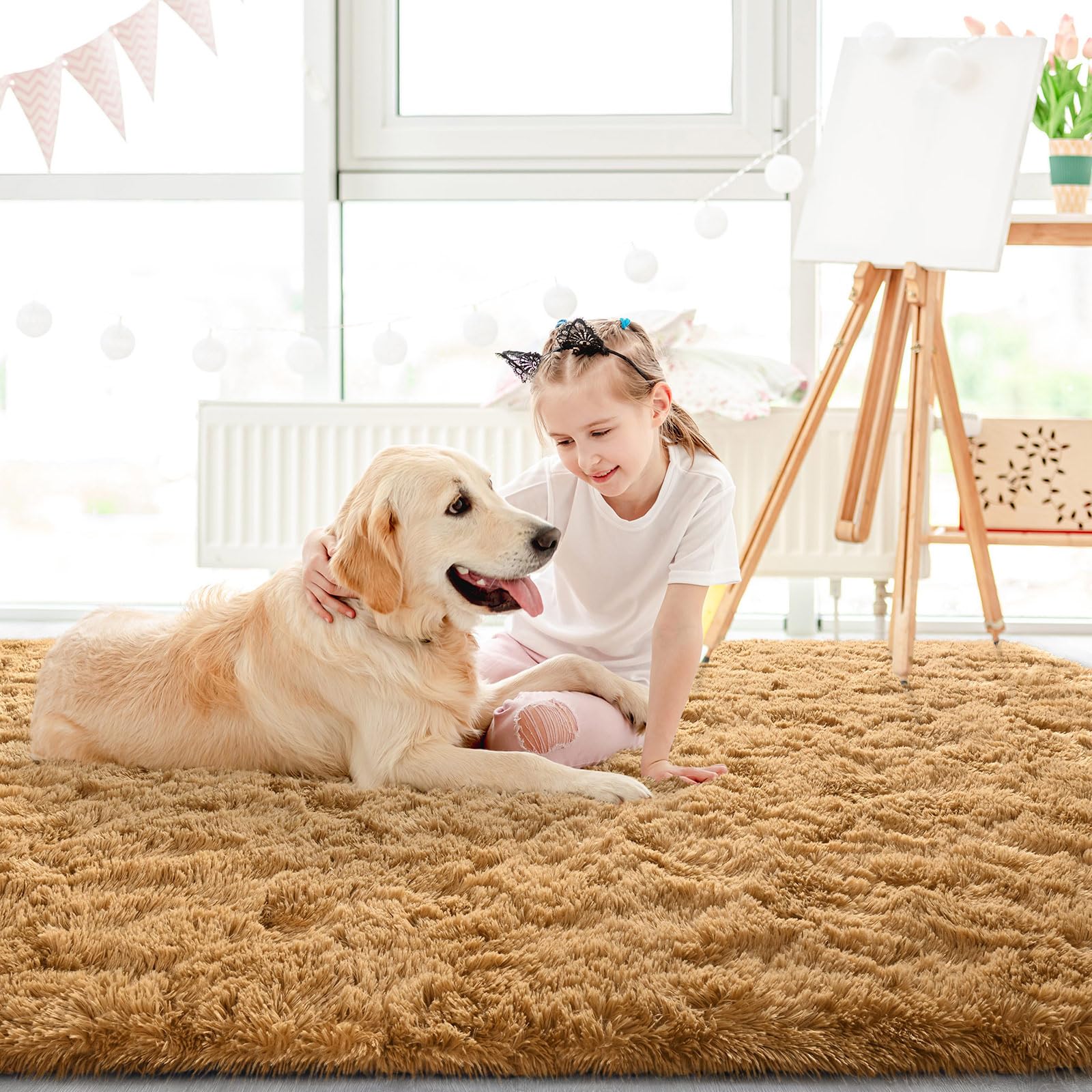 LOCHAS Area Rugs Fluffy Living Room Carpets for Kids Bedroom 4x5.3, Khaki