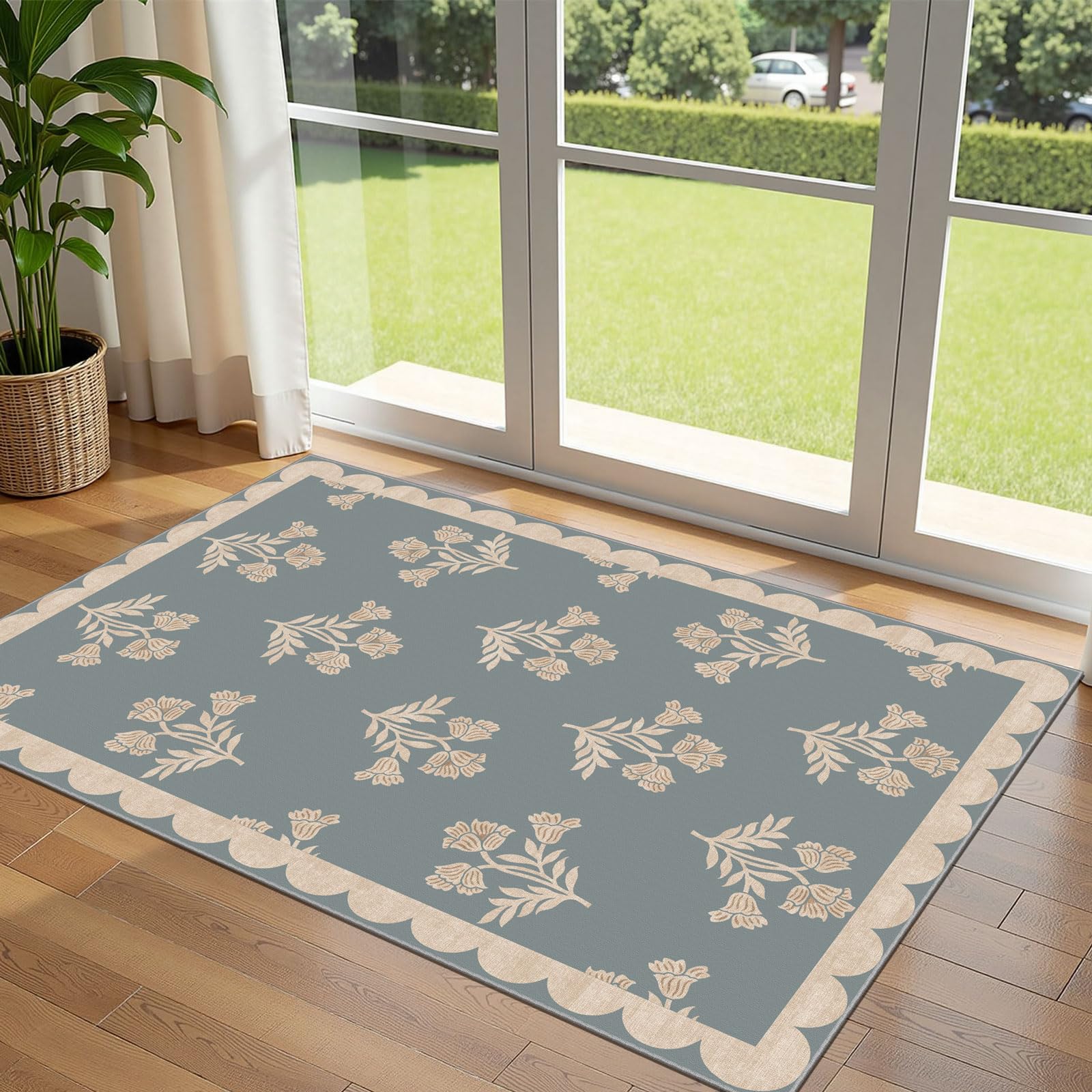 Othilic 3x5 Floral Entry Rug - Small Washable Indoor Outdoor Mats for Front Door Non-Slip Porch Rug Blue Boho Farmhouse Scalloped Throw Rugs for Living Room Bedroom Entryway Kitchen Office Porch Decor
