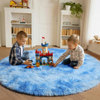 ONASAR Round Rugs 5ft for Bedroom Living Room, Tie-Dye Blue Fluffy Circle Area Rug for Kids Girls Boys Teen, Soft Plush Shaggy Carpet for Nursery Dorm Classroom Playroom Home Decor Aesthetic