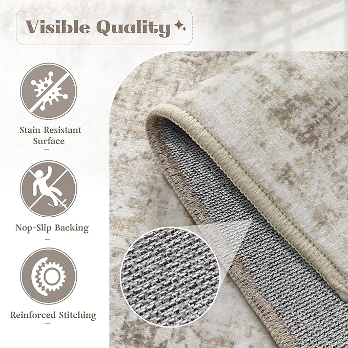 VECARF Area Rug 3x5 Washable Rug, Vintage Boho Medallion Entryway Rug Non-Slip Soft Low Pile Small Distressed Floor Carpet Retro Doormat for Kitchen Bedroom Laundry Bathroom Hallway (Taupe, 3'x5')