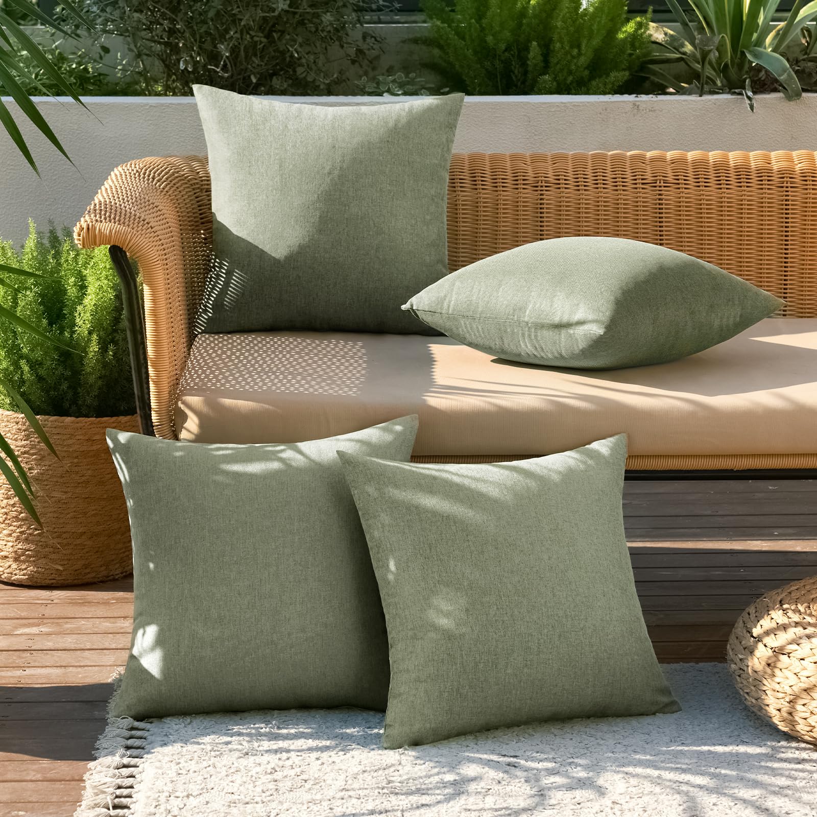 MIULEE Pack of 4 Decorative Outdoor Throw Pillow Covers Linen Waterproof Pillow Covers Summer Farmhouse Cushion Cases for Patio Garden Tent Balcony Couch Sofa 18x18 Inch Gray Green