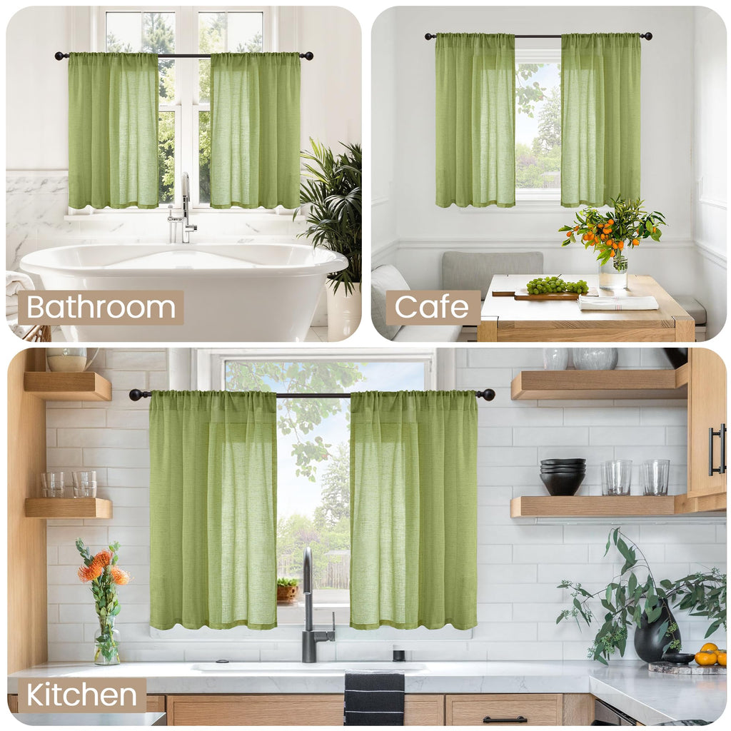 BGment Olive Green Linen Curtains 36 Inch Length for Short Kitchen Window - Rod Pocket Small Drapes Sheer Light Filtering for Cafe Bedroom Decor Lightweight Natural Rustic, 2 Panels Set, 42 X 36 Inch