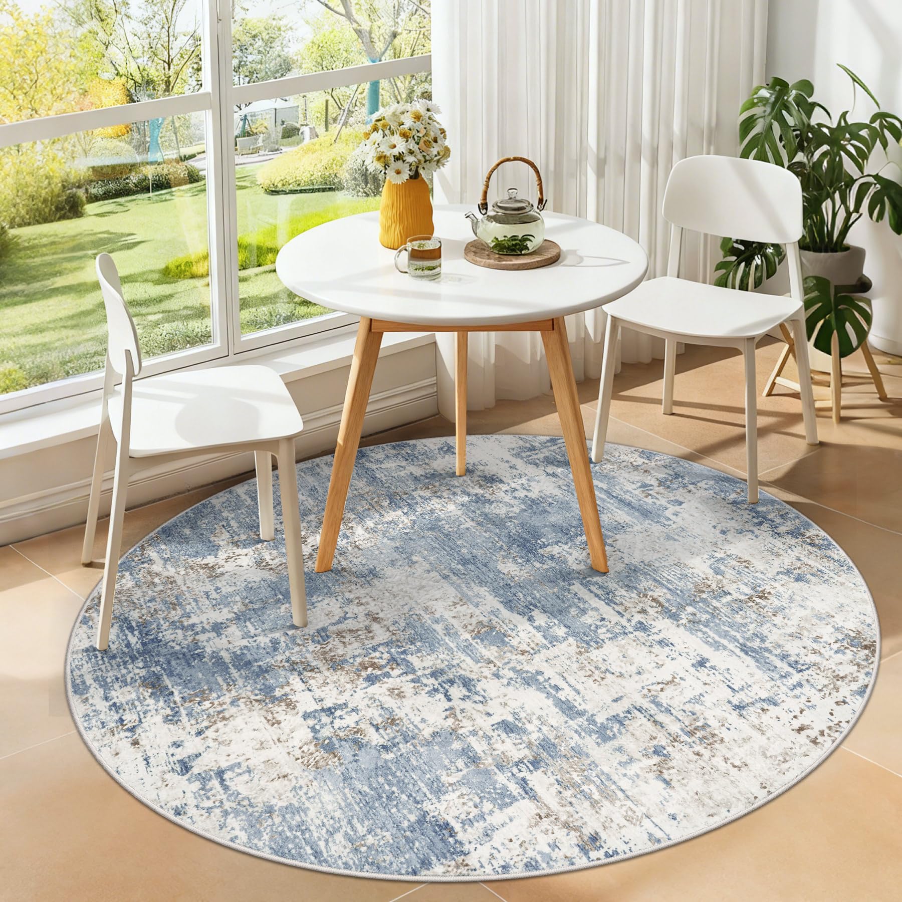 XLUEZ Round Rug 4ft for Bedroom, Washable Modern Abstract Circle Rug Neutral Soft Non Slip Kids Rug Stain Resistant Indoor Carpet for Living Room Nursery Playroom Dorm Girls Boys Room(Blue, 4' Round)