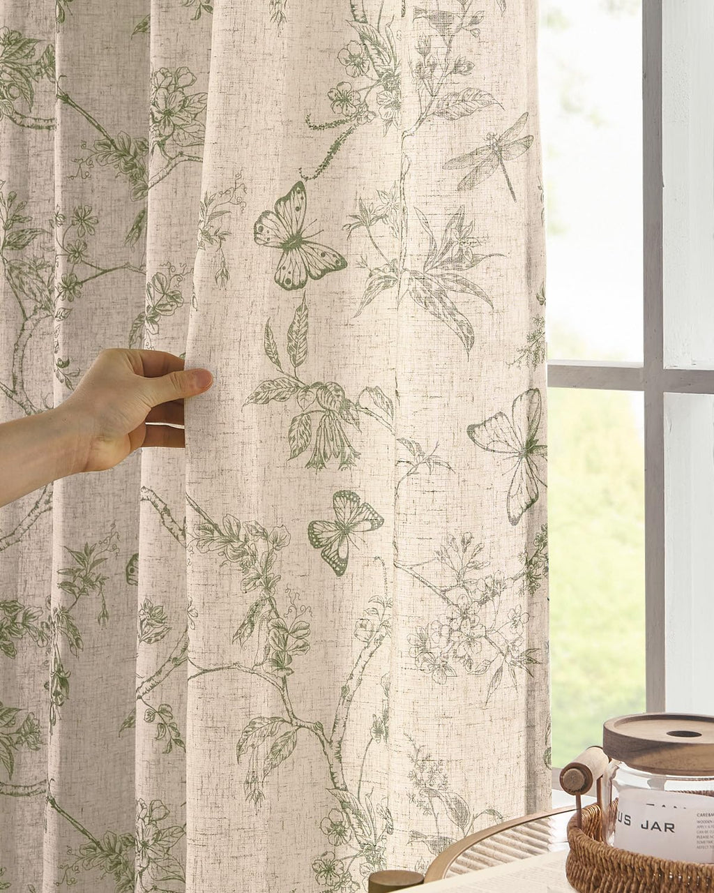 jinchan Floral Linen Curtains for Living Room 84 Inch Length Butterfly Curtain Sage Green Floral Curtains French Country Farmhouse Curtain Flower Patterned Drapes Window Treatment Set 2 Panels