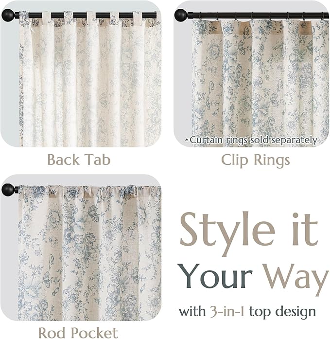 jinchan Linen Blend Curtain Floral Curtains for Living Room 108 Inch Length Blue Printed Curtain Rod Pocket Back Tab Farmhouse Peony Flower Patterned Drapes Bedroom Window Curtains Set 2 Panels