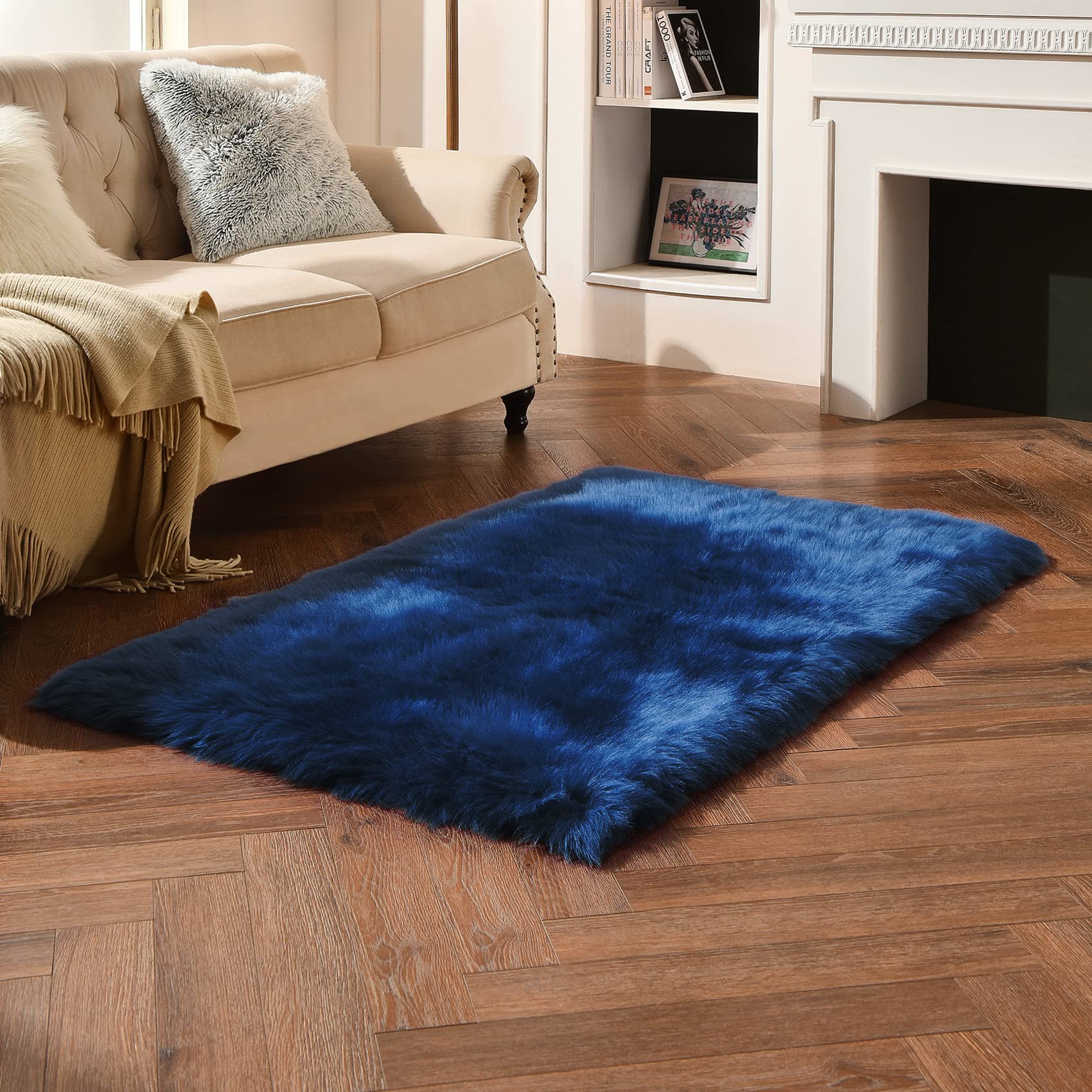 duduta Navy Blue Faux Sheepskin Fur Rug 3x5 ft, Fluffy Carpet Rug
